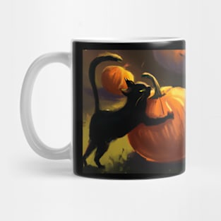 Black Cat Playing With Pumpkin Mug